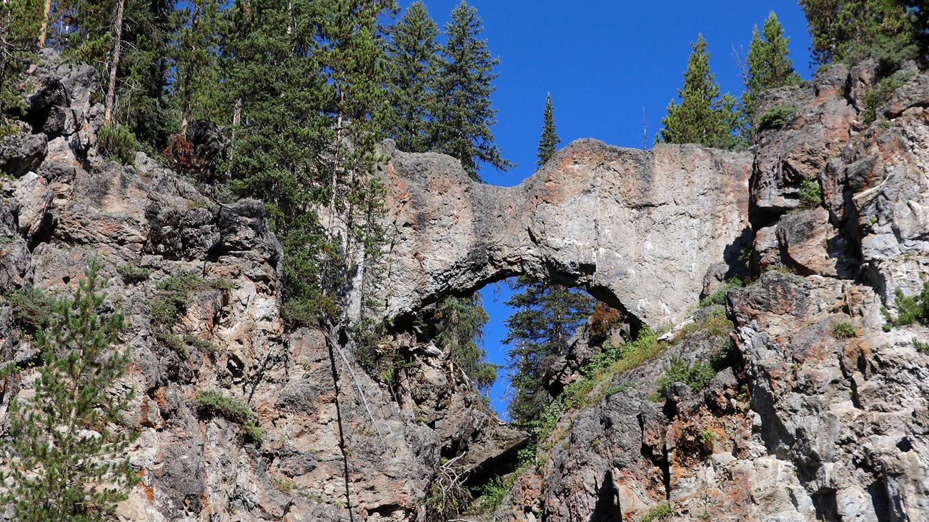 Yellowstone Natural Bridge spanning a rocky forested cliff