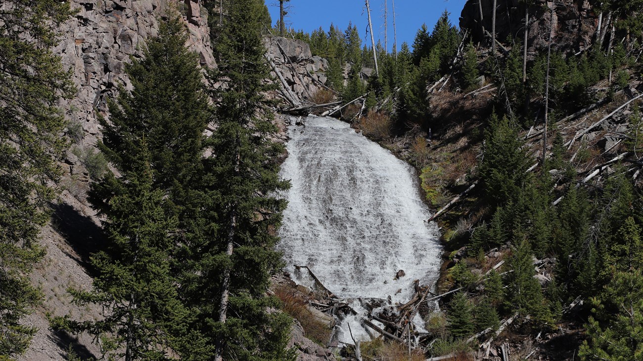 Wraith Falls fans down a rocky Yellowstone hillside between sparse trees and sagebrush meadows.